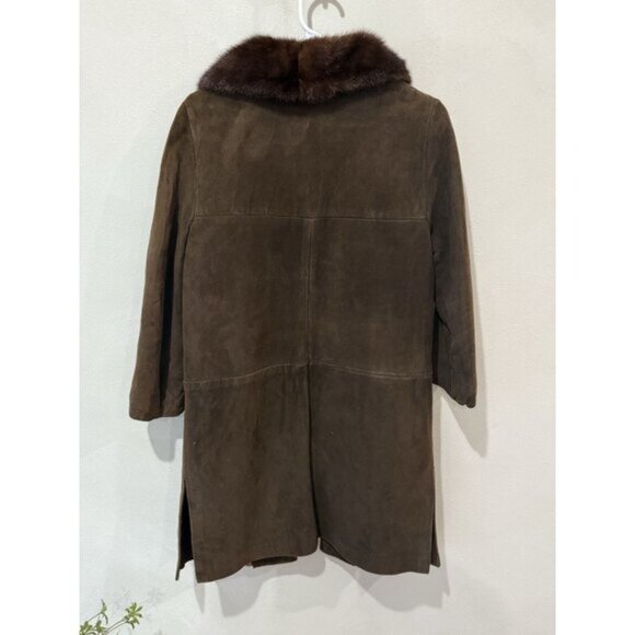 Vintage 70’s Suede Leather Coat Mink Collar Medium Chocolate Brown Button Up - Picture 2 of 4